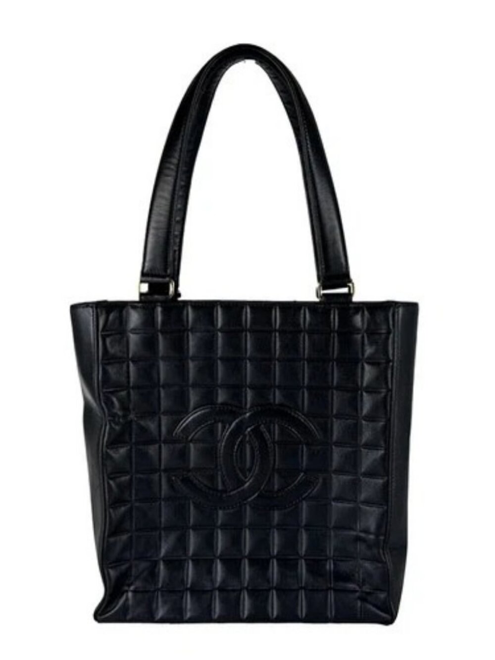Auth CHANEL Chocolate BarTote Shoulder Bag Black Leather/Goldtone - z10744